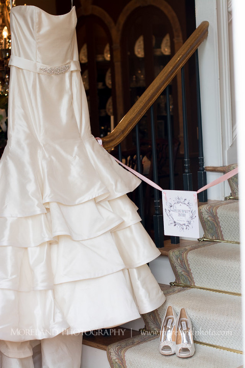 dress shot, moreland photography, staircase to brides room, shoe shot, wedding photography details, 